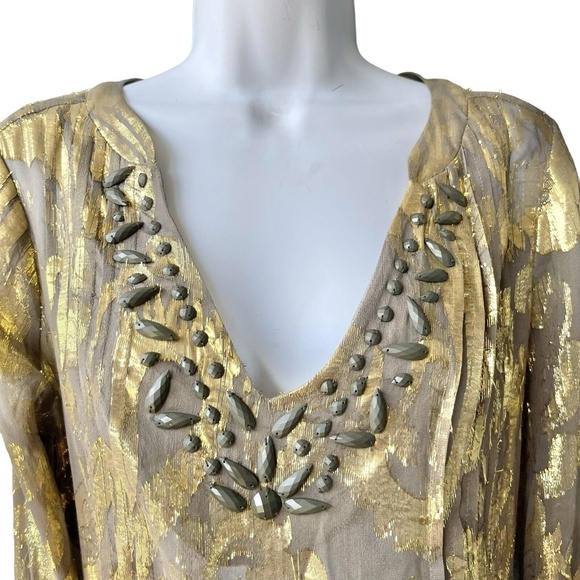 HALE BOB Top Silk Lurex Metallic Burnout Jewels V-neck Long Sleeve Blouse Size S - Picture 4 of 5